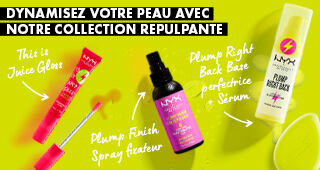 3 different products from the Plump collection on a lemon yellow background. This Is Juice Gloss, Plump Finish Setting Spray, and Plump Right Primer + Serum.