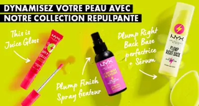 3 different products from the Plump collection on a lemon yellow background. This Is Juice Gloss, Plump Finish Setting Spray, and Plump Right Primer + Serum.
