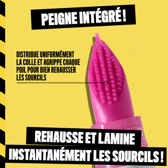 Closeup of The Brow Glue Crazy Lift built in styling comb with text 'Instantly Lifts and Laminates Brows!'