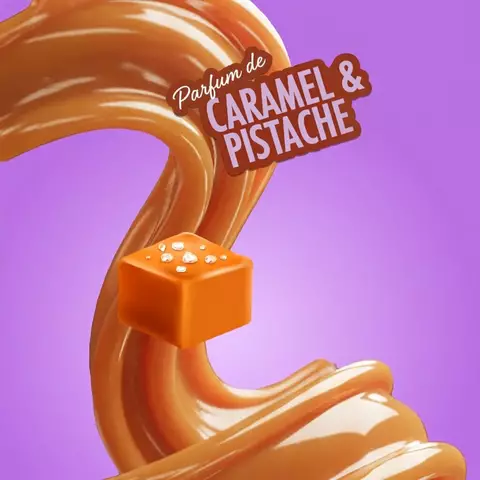 Swirl of caramel with a caramel cube and "Smells like Caramel & Pistachio" text on a purple background, representing NYX Caramelt Mami fragrance.